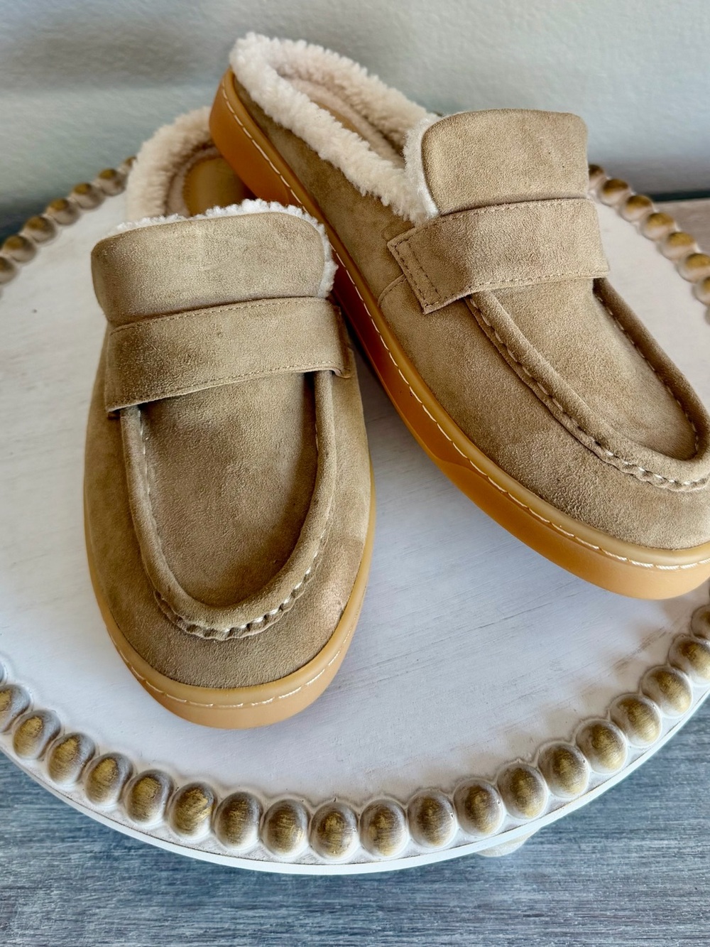 J/SLIDES NY Tan Neutral Suede Shearling-Lined Slip-On Designer Loafers Slides 8